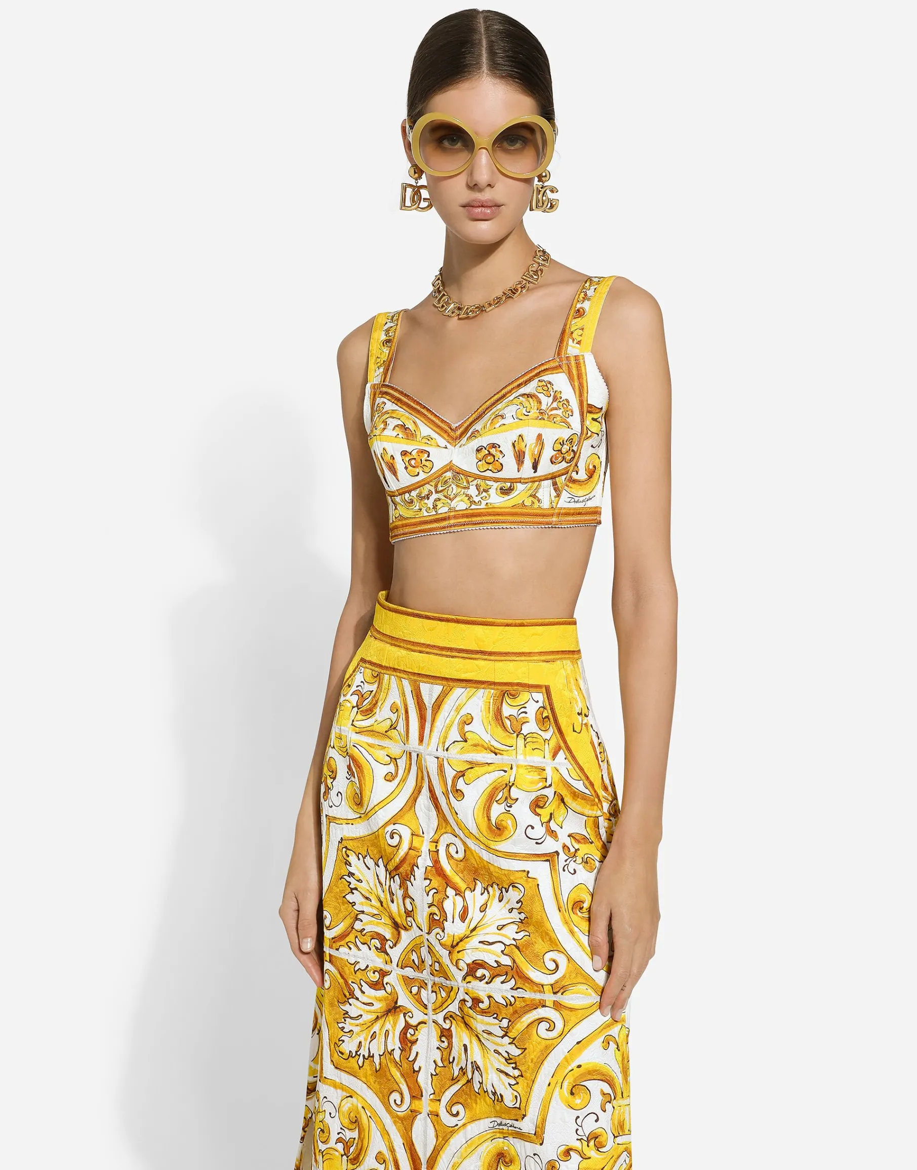 Cotton poplin corset crop top with majolica print