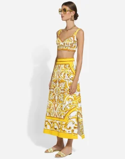 Cotton poplin corset crop top with majolica print