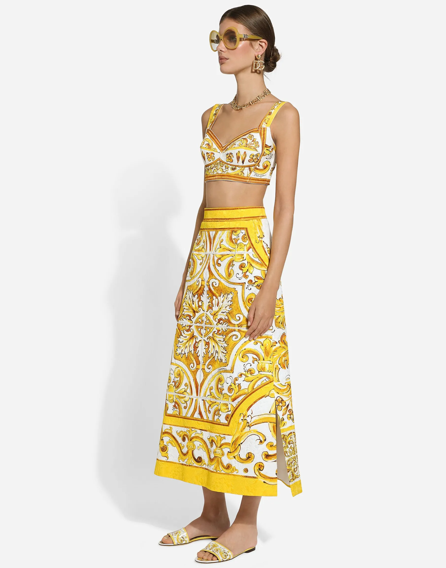 Cotton poplin corset crop top with majolica print