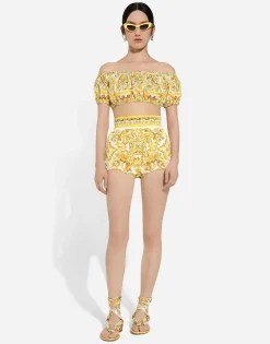 Cotton poplin crop top with majolica print
