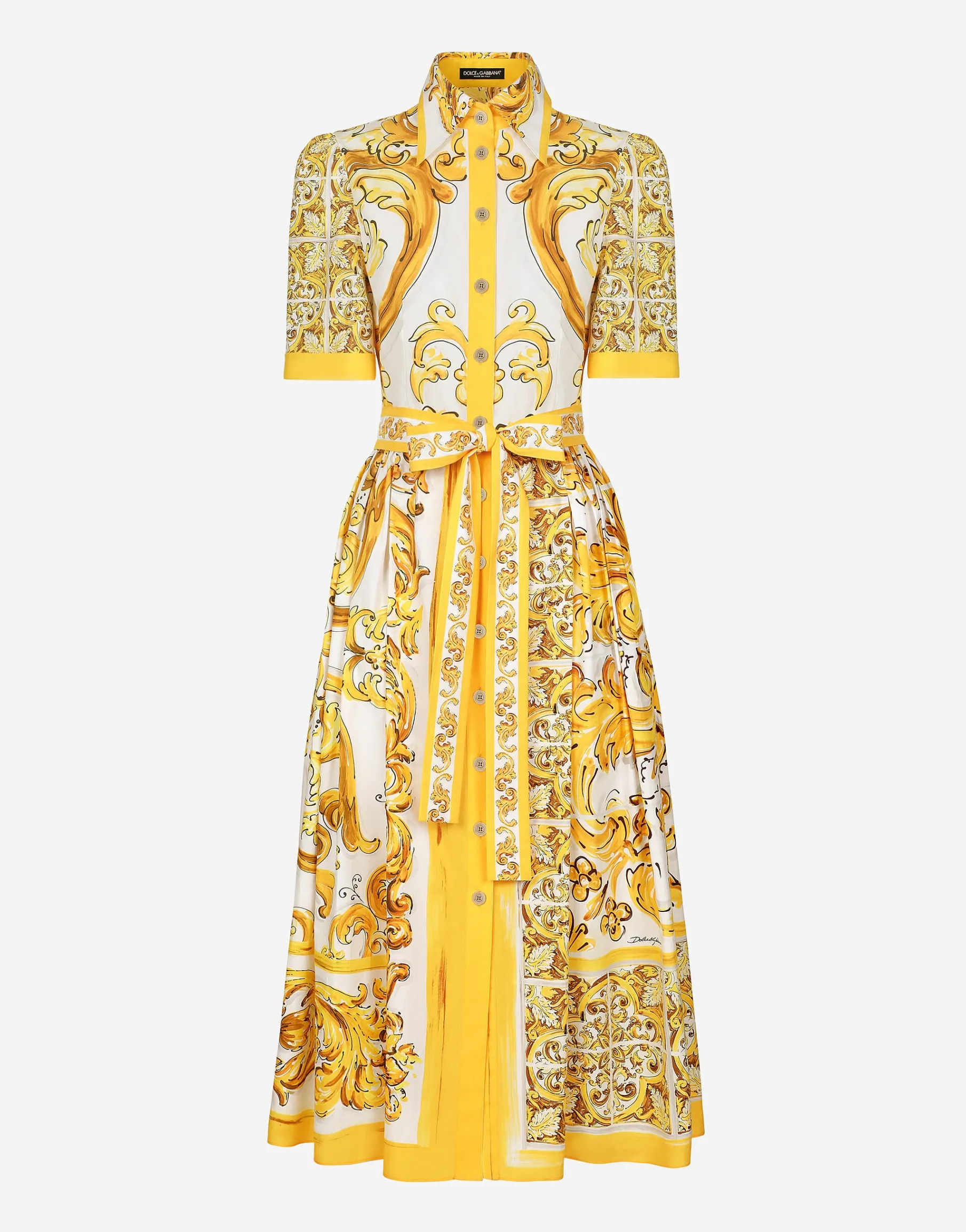 Cotton poplin midi shirt dress with majolica print