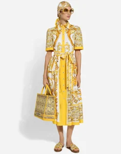 Cotton poplin midi shirt dress with majolica print