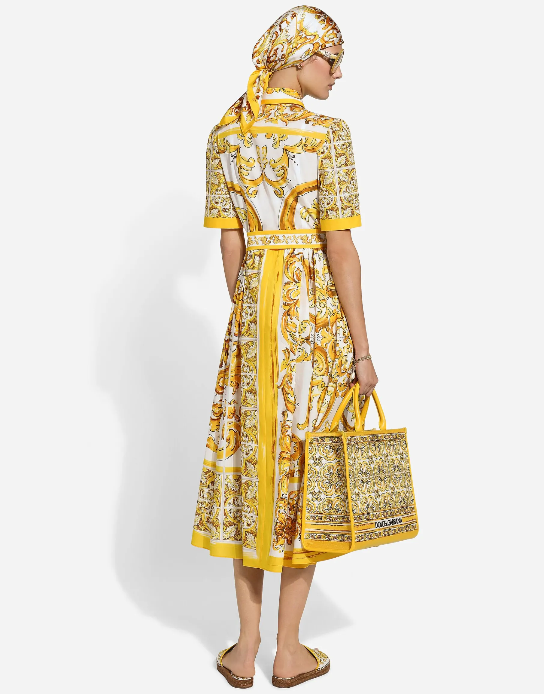 Cotton poplin midi shirt dress with majolica print