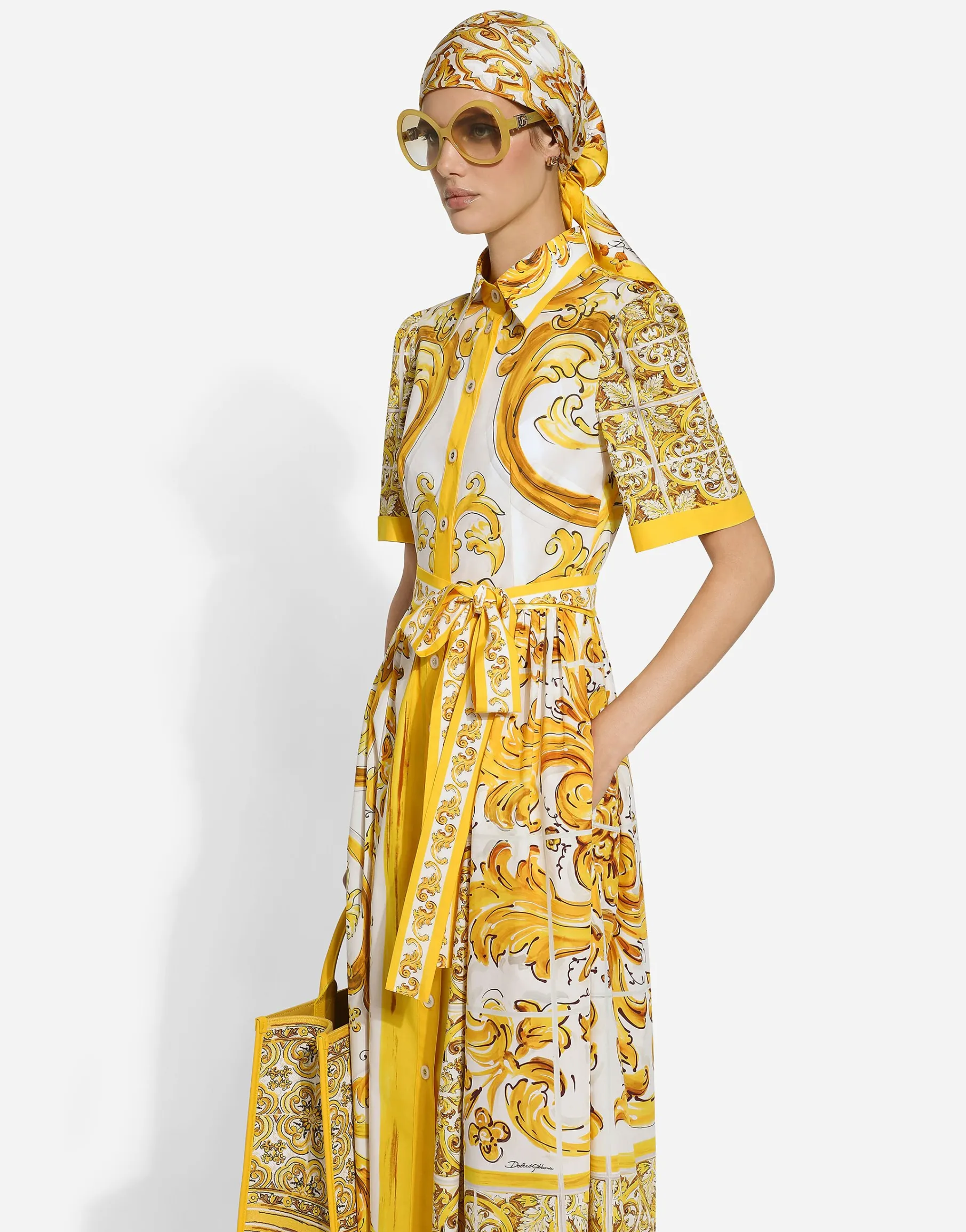 Cotton poplin midi shirt dress with majolica print