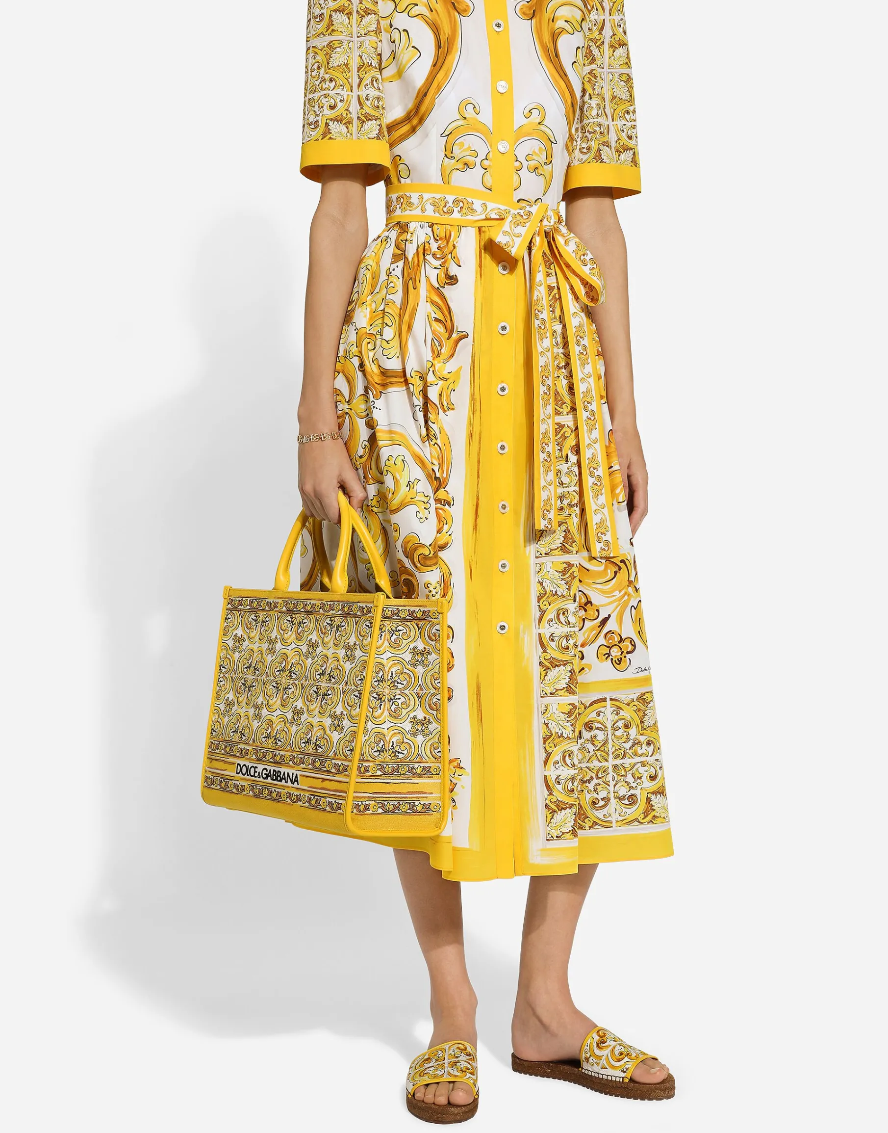 Cotton poplin midi shirt dress with majolica print