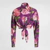 Cotton pussy-bow shirt with rose print