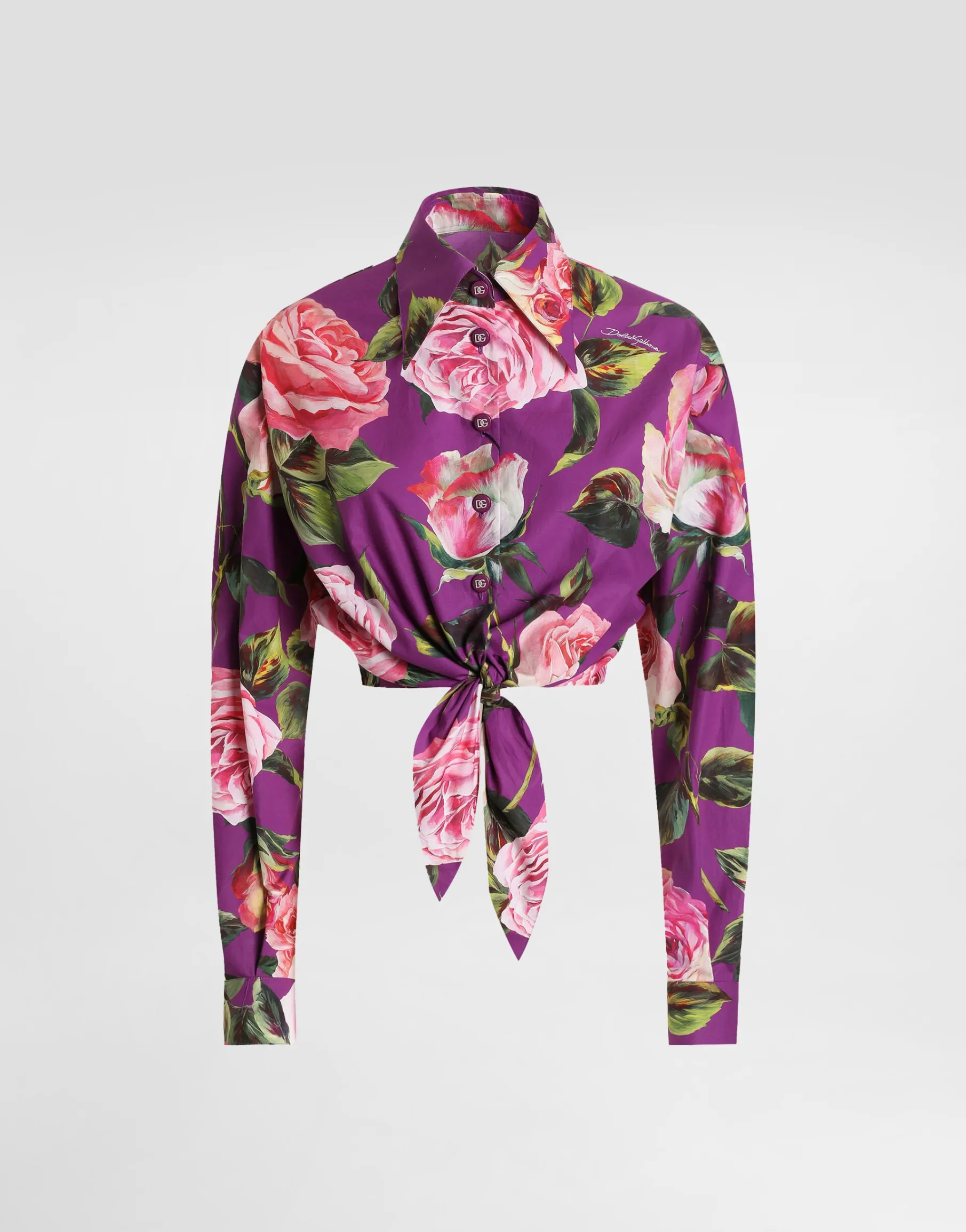 Cotton pussy-bow shirt with rose print
