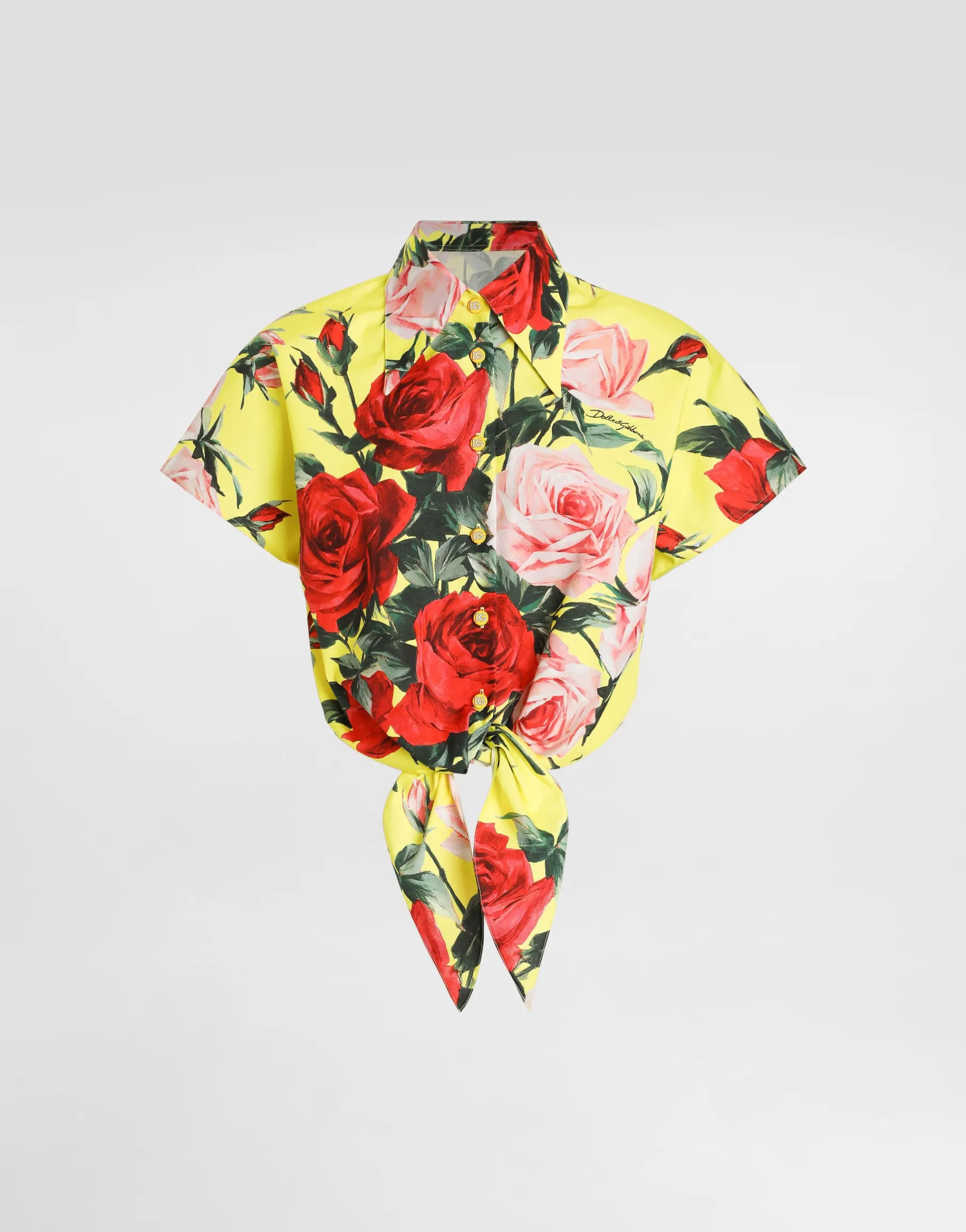 Cotton pussy-bow shirt with bouquet print