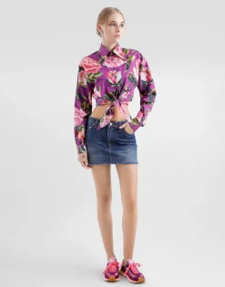 Cotton pussy-bow shirt with rose print