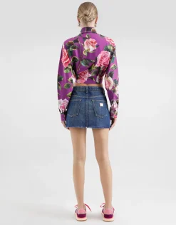 Cotton pussy-bow shirt with rose print