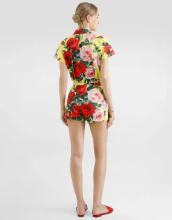 Cotton pussy-bow shirt with bouquet print