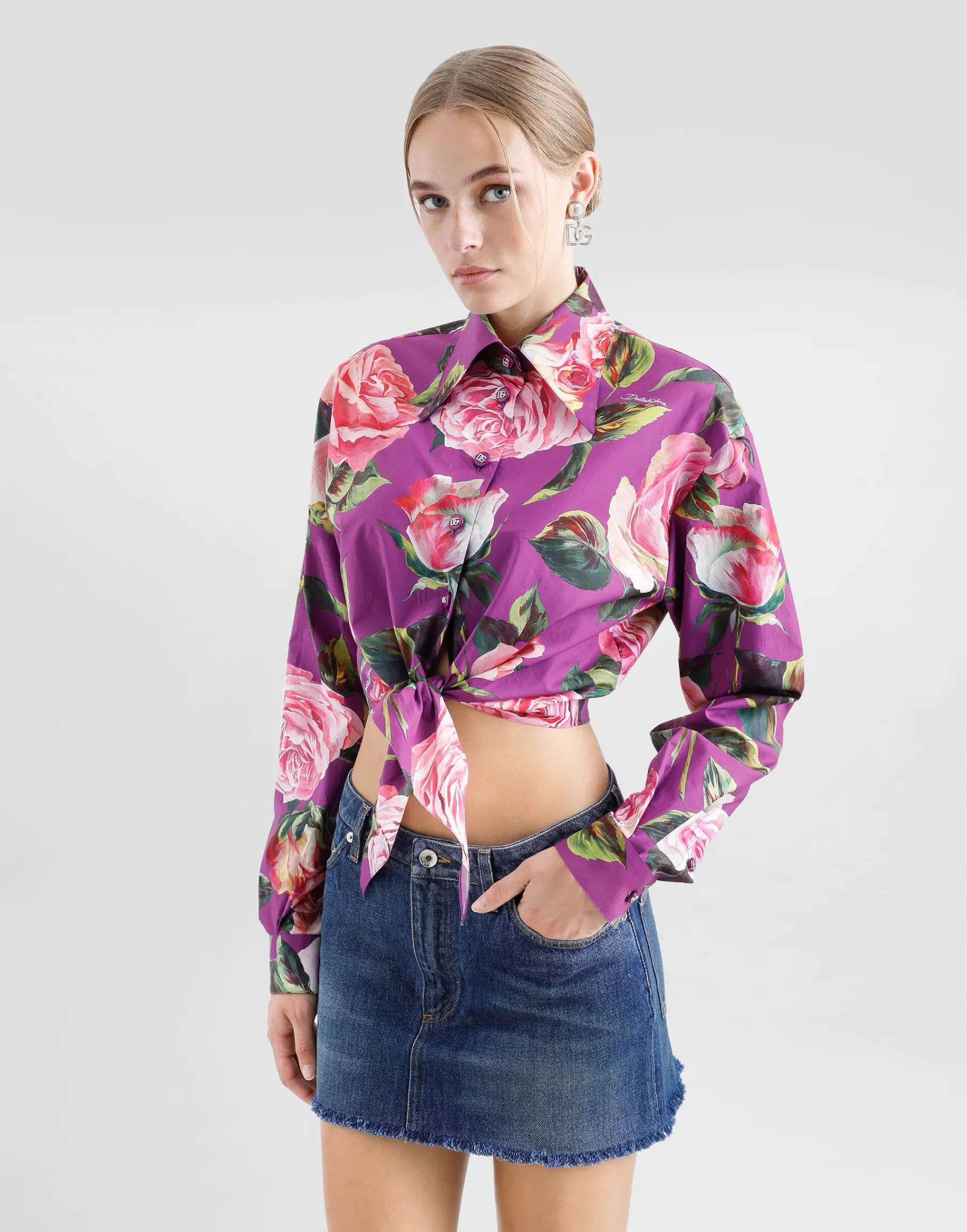 Cotton pussy-bow shirt with rose print
