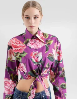 Cotton pussy-bow shirt with rose print