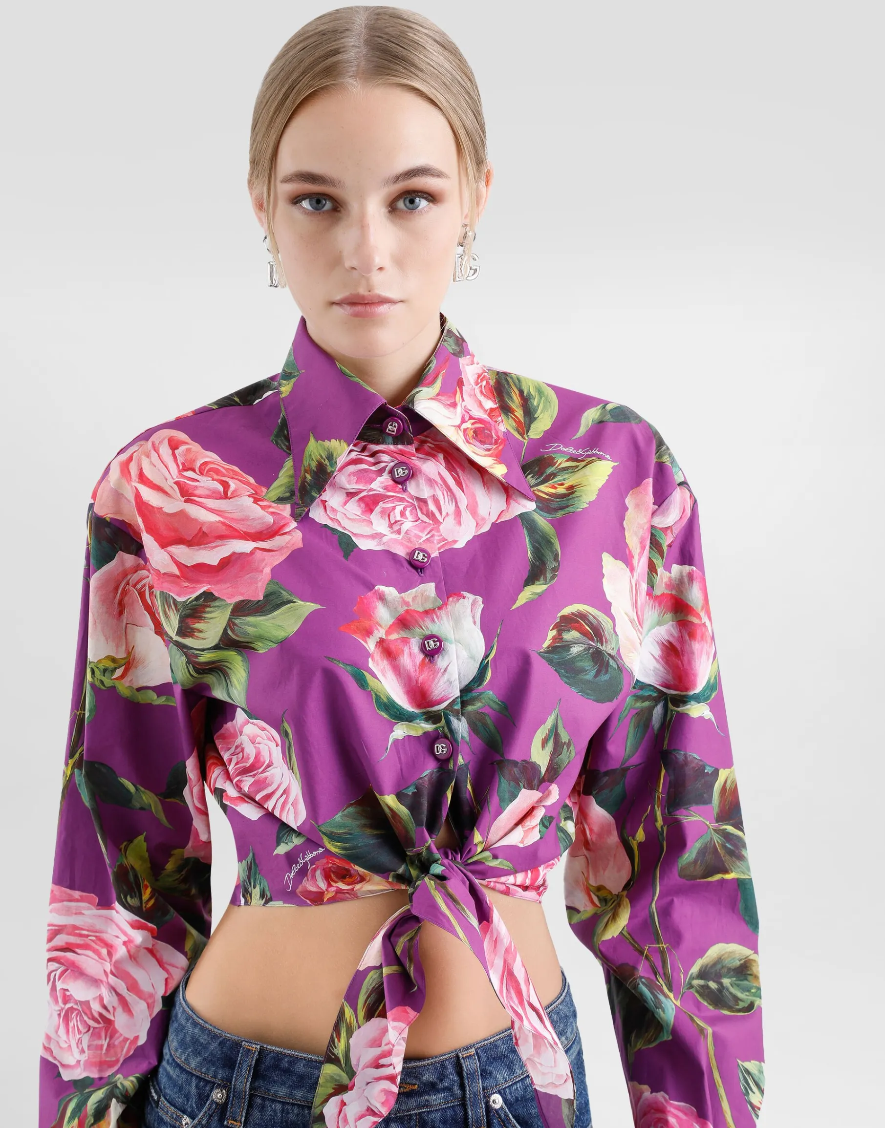 Cotton pussy-bow shirt with rose print
