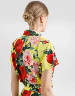 Cotton pussy-bow shirt with bouquet print