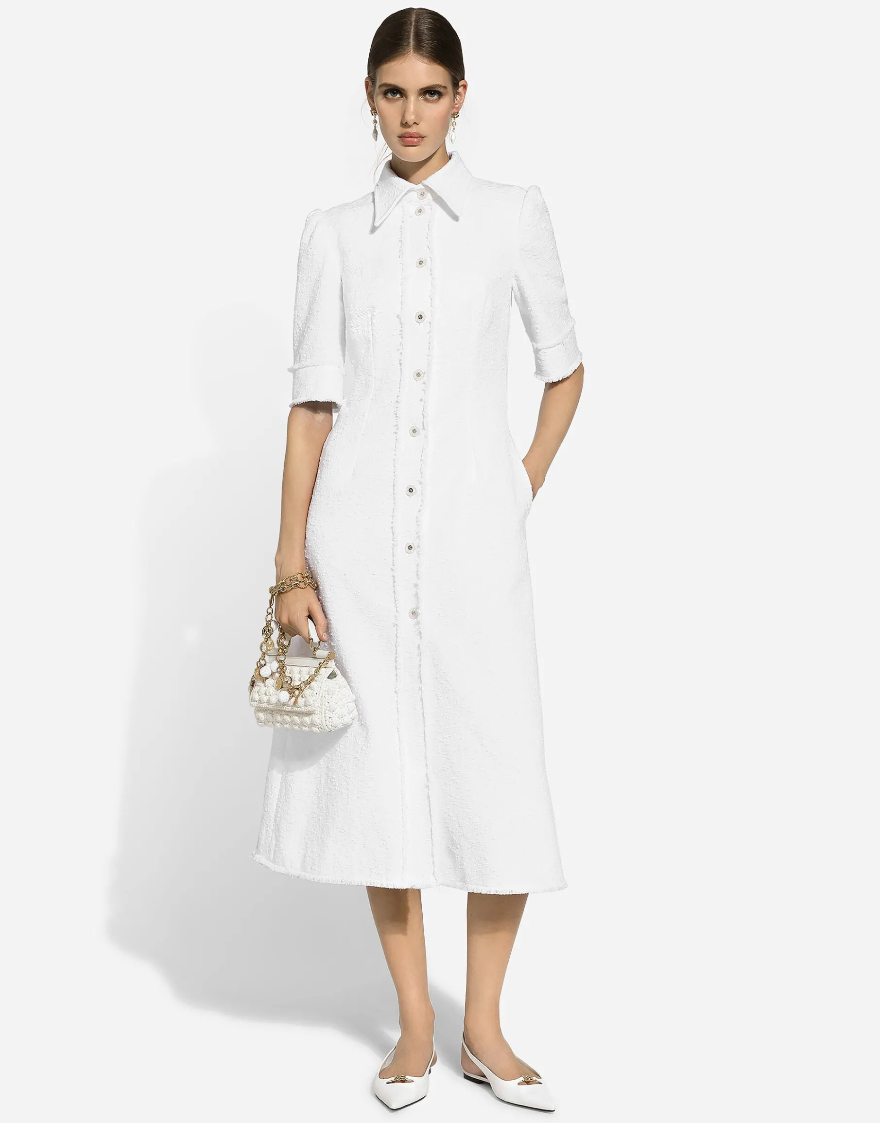 Cotton raschel tweed calf-length dress