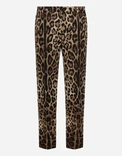 Cotton stretch pants with leopard print