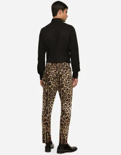 Cotton stretch pants with leopard print