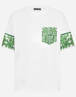Cotton T-shirt with majolica-print breast pocket
