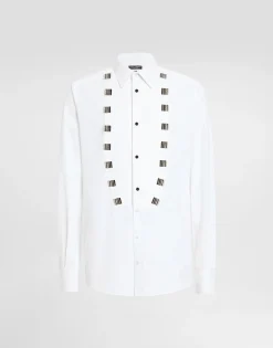 Cotton tuxedo shirt with bejeweled appliqués