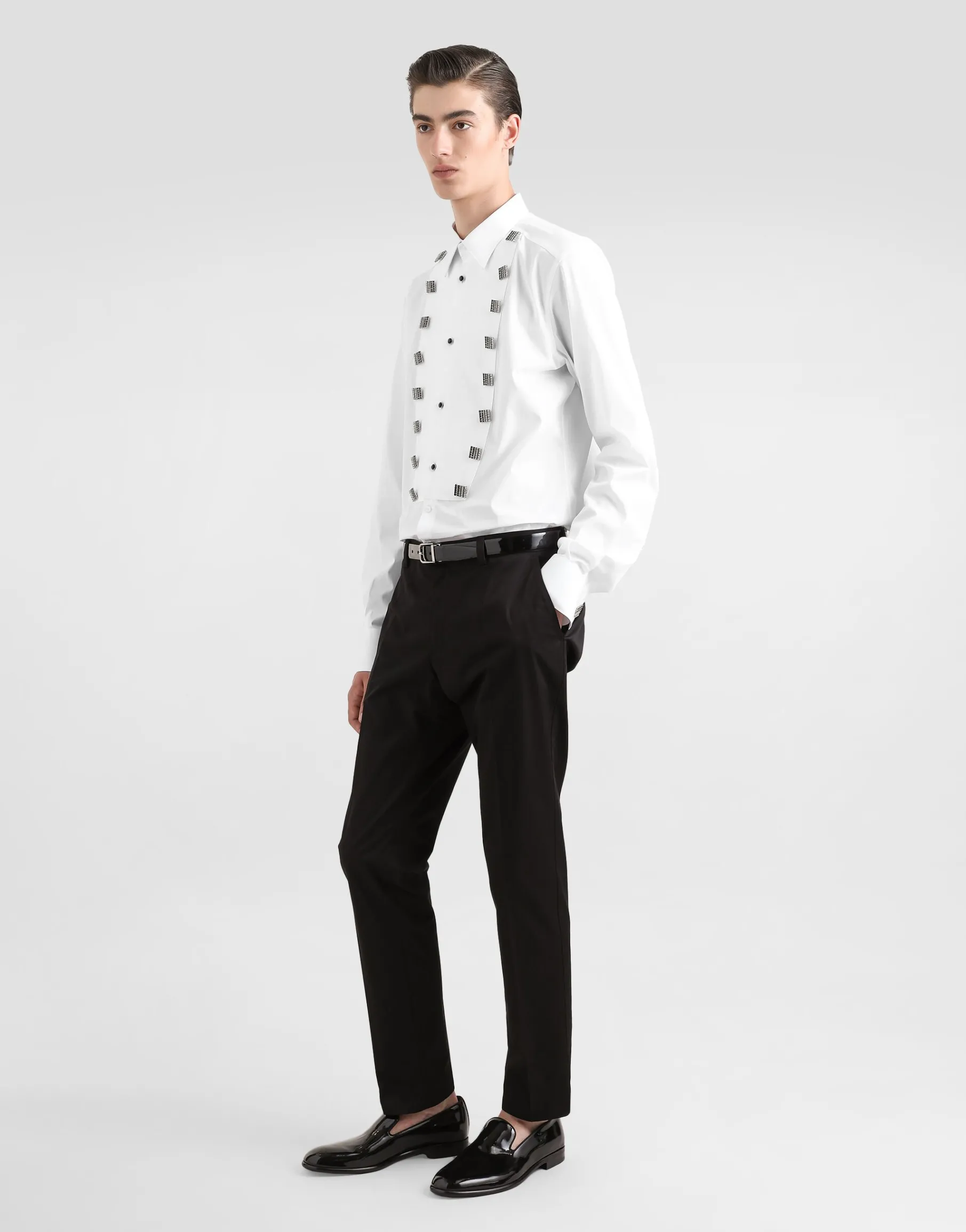 Cotton tuxedo shirt with bejeweled appliqués