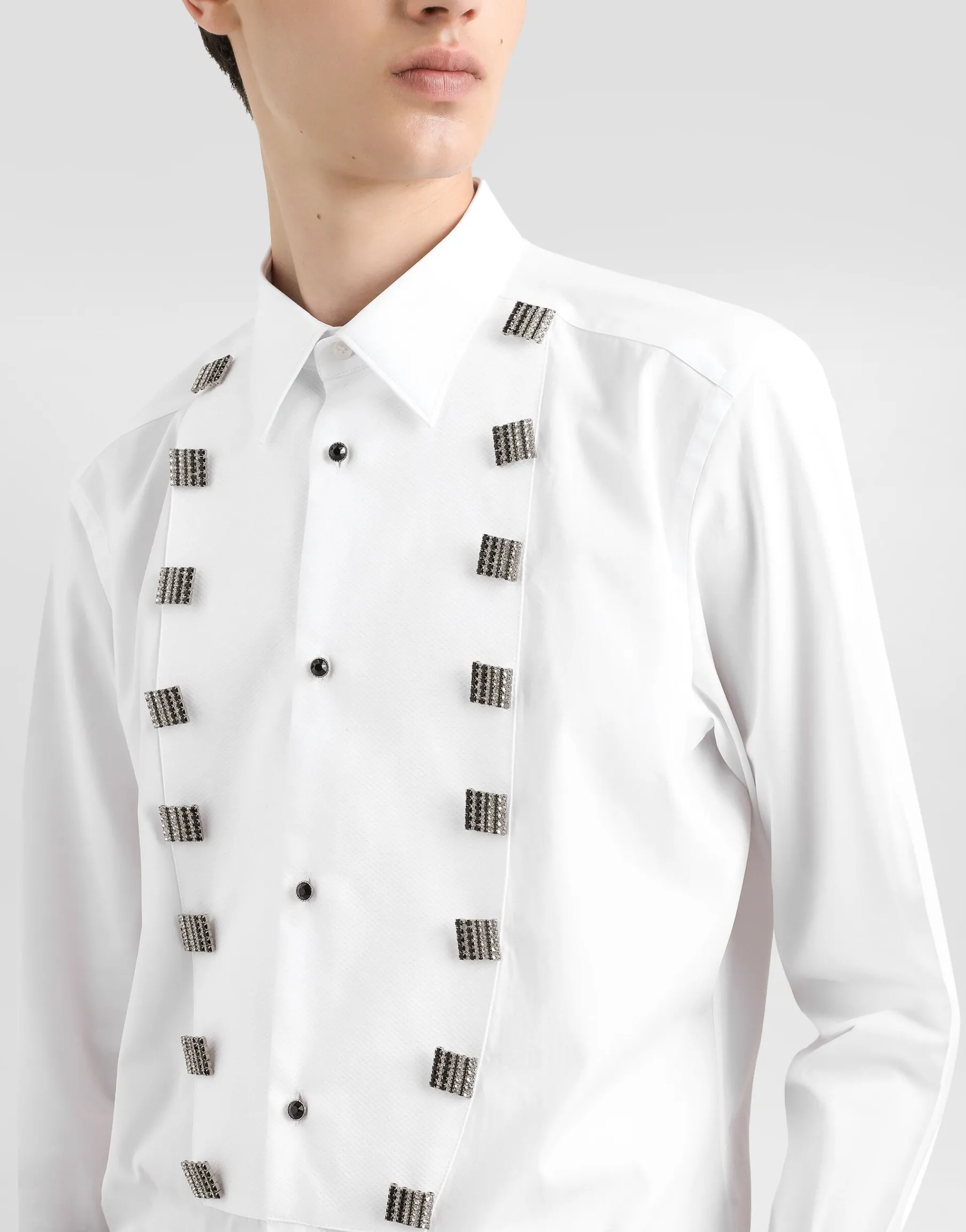 Cotton tuxedo shirt with bejeweled appliqués