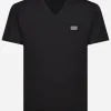 Cotton V-neck T-shirt with branded tag