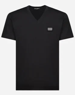 Cotton V-neck T-shirt with branded tag