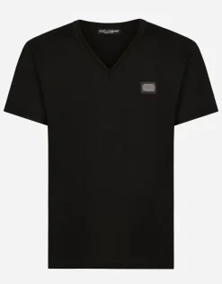 Cotton V-neck T-shirt with branded tag