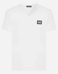 Cotton V-neck T-shirt with branded tag