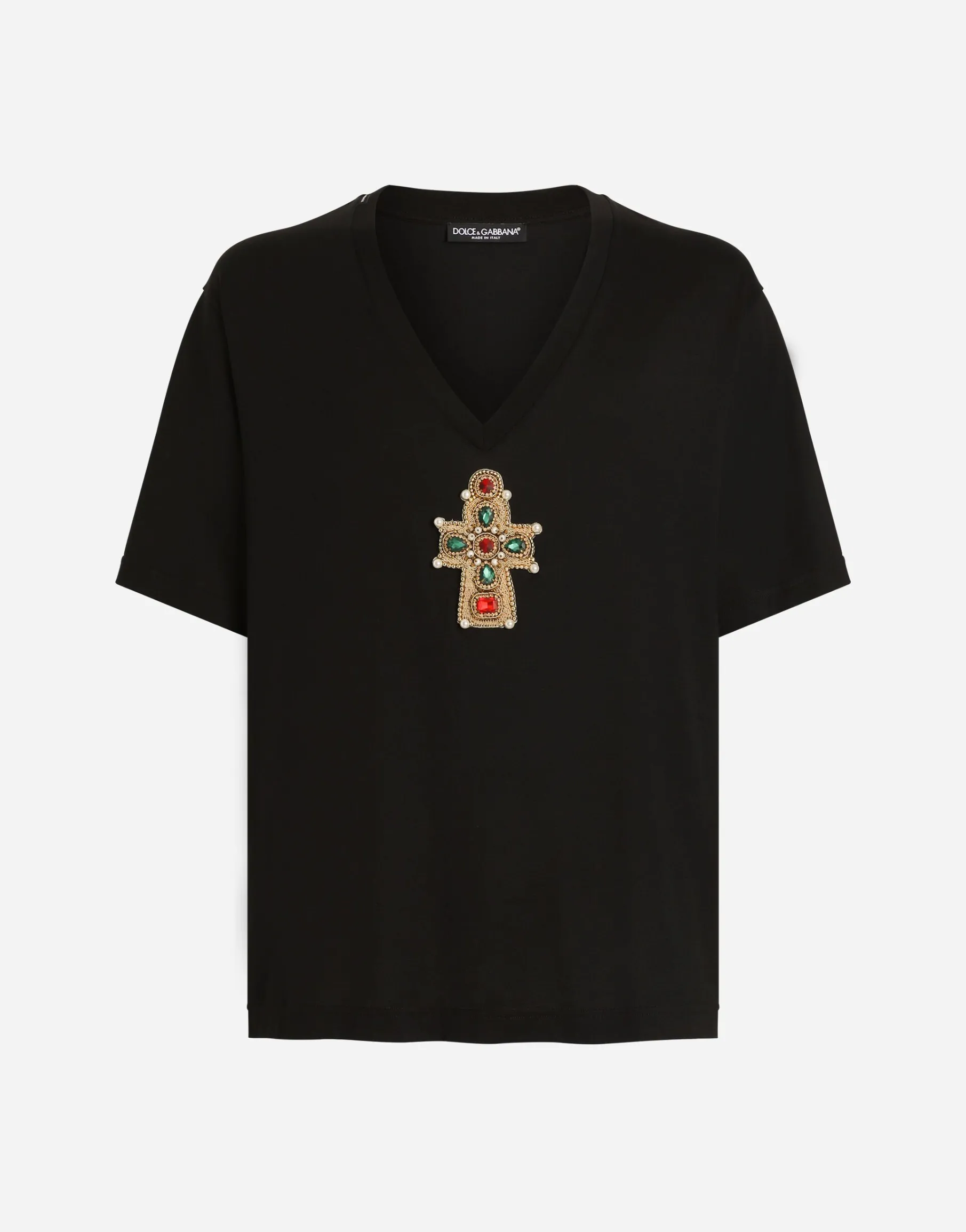 Cotton V-neck T-shirt with patch