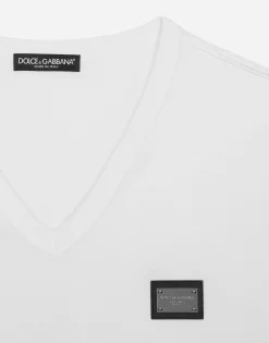 Cotton V-neck T-shirt with branded tag