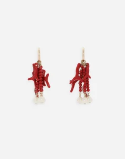Creole earrings with horn, coral branches and pearls