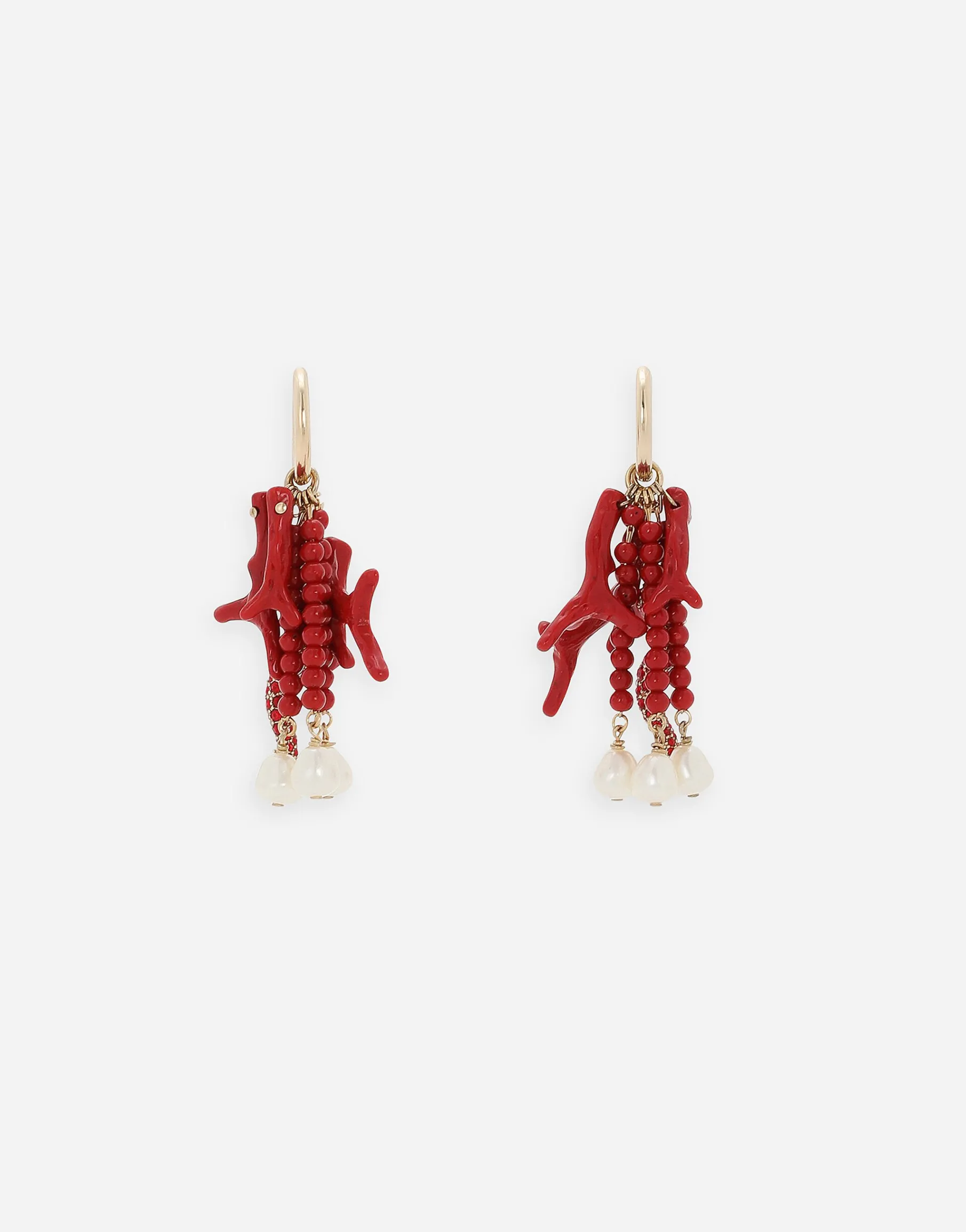 Creole earrings with horn, coral branches and pearls