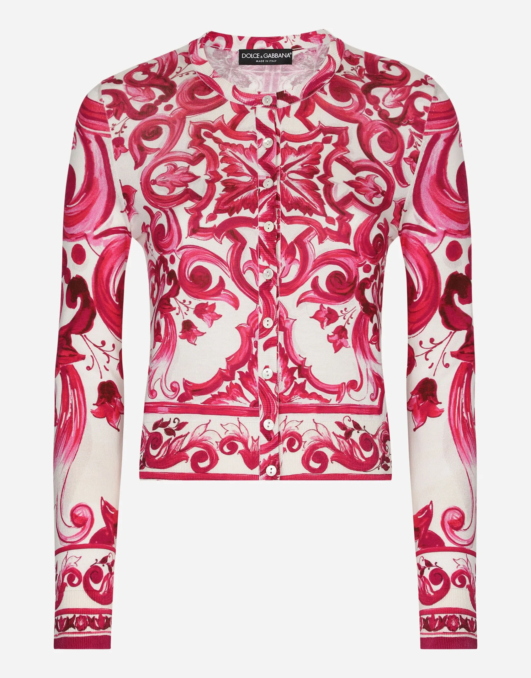 Crew-neck silk sweater with Majolica print