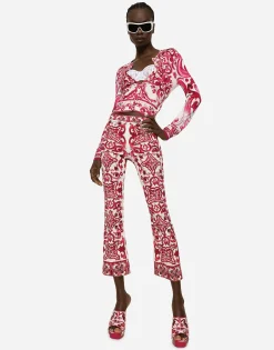 Crew-neck silk sweater with Majolica print