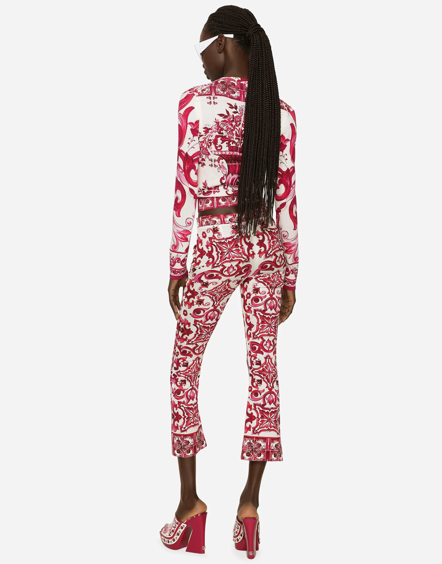 Crew-neck silk sweater with Majolica print
