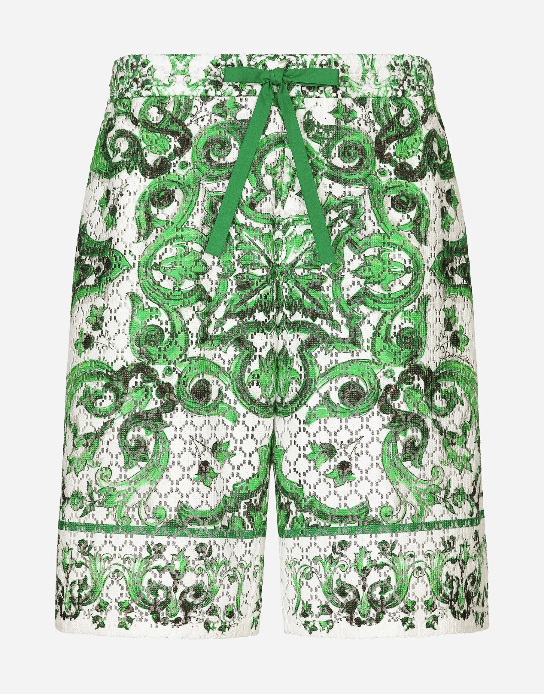 Crochet lace jogging shorts with majolica print