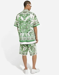 Crochet lace jogging shorts with majolica print
