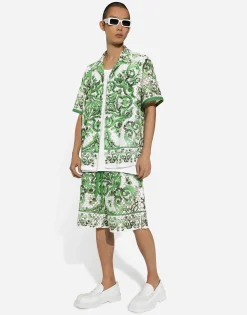 Crochet lace jogging shorts with majolica print
