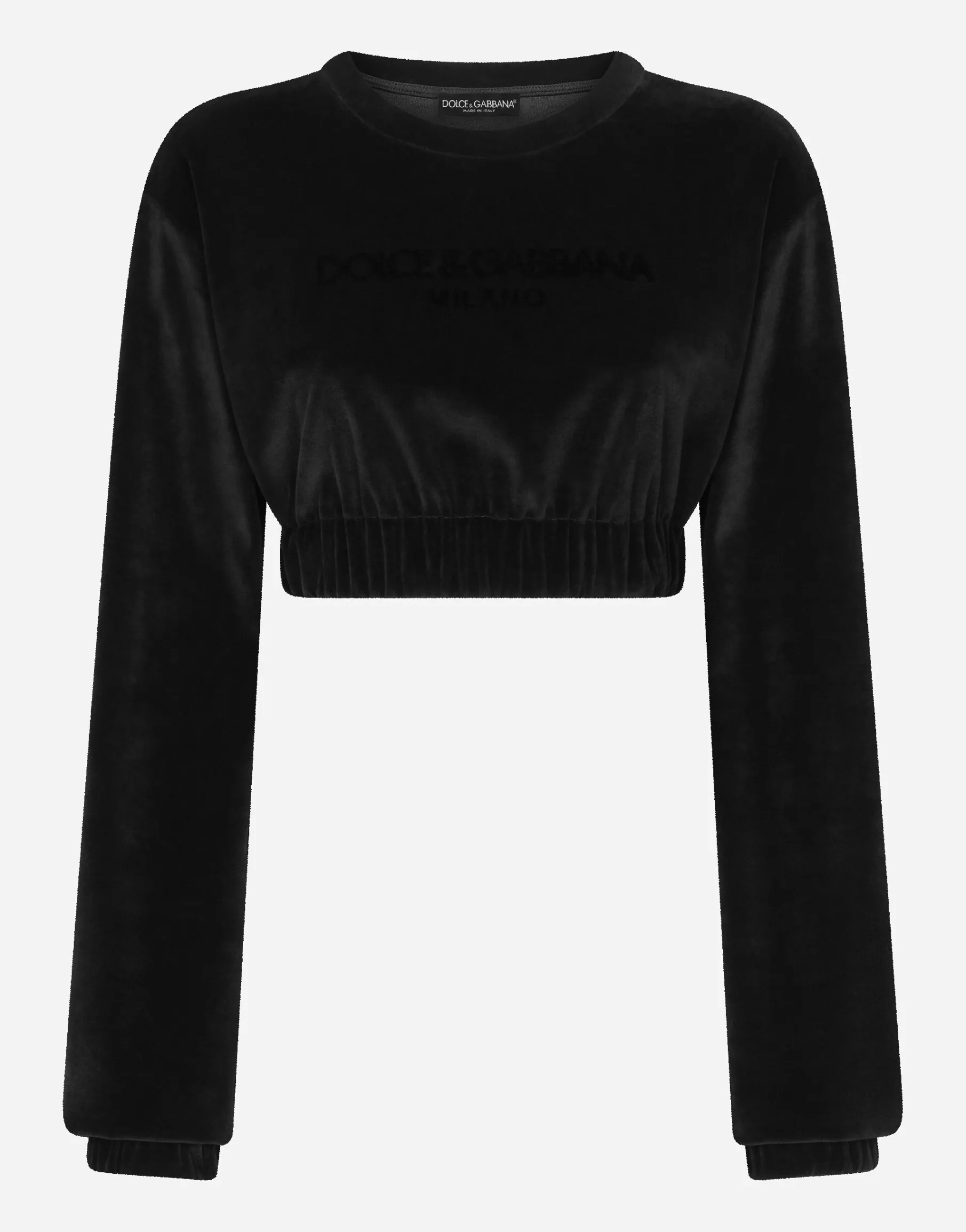 Cropped chenille sweatshirt with carpet-stitch embroidery