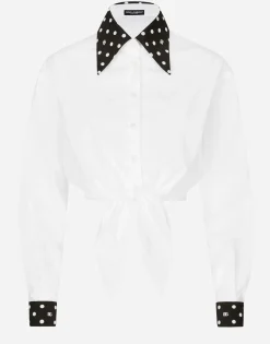 Cropped cotton poplin shirt with knot detail and polka-dot print