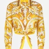 Cropped cotton poplin shirt with majolica print