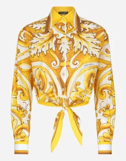 Cropped cotton poplin shirt with majolica print