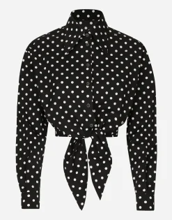 Cropped cotton poplin shirt with knot detail and polka-dot print