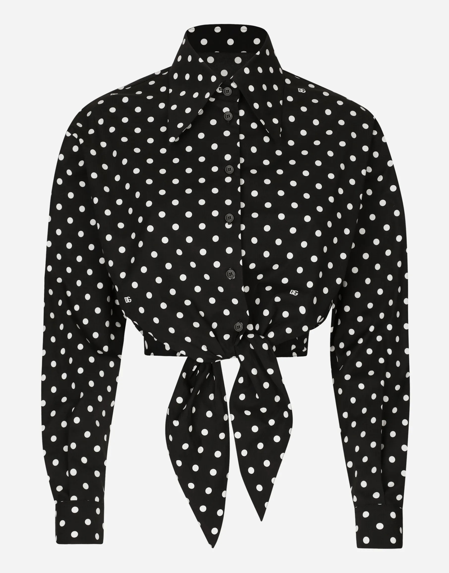 Cropped cotton poplin shirt with knot detail and polka-dot print