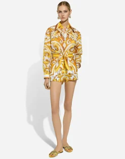 Cropped cotton poplin shirt with majolica print