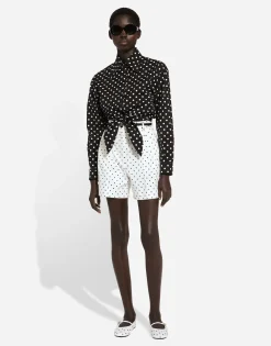 Cropped cotton poplin shirt with knot detail and polka-dot print