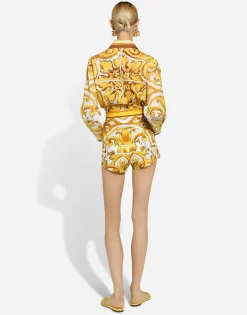 Cropped cotton poplin shirt with majolica print