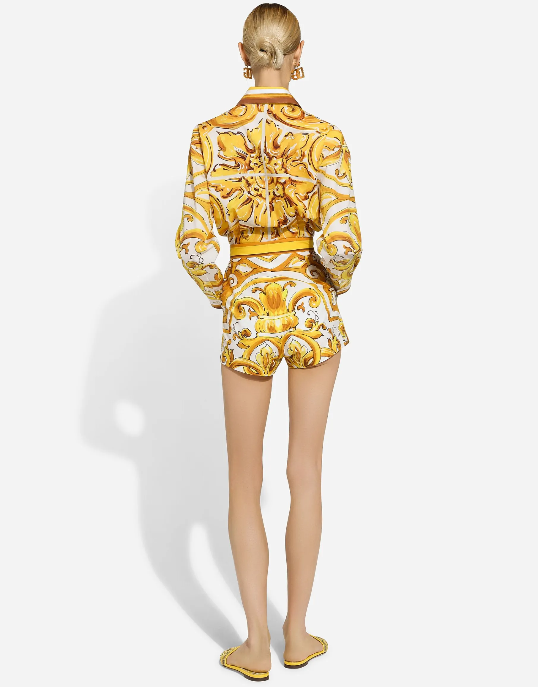 Cropped cotton poplin shirt with majolica print